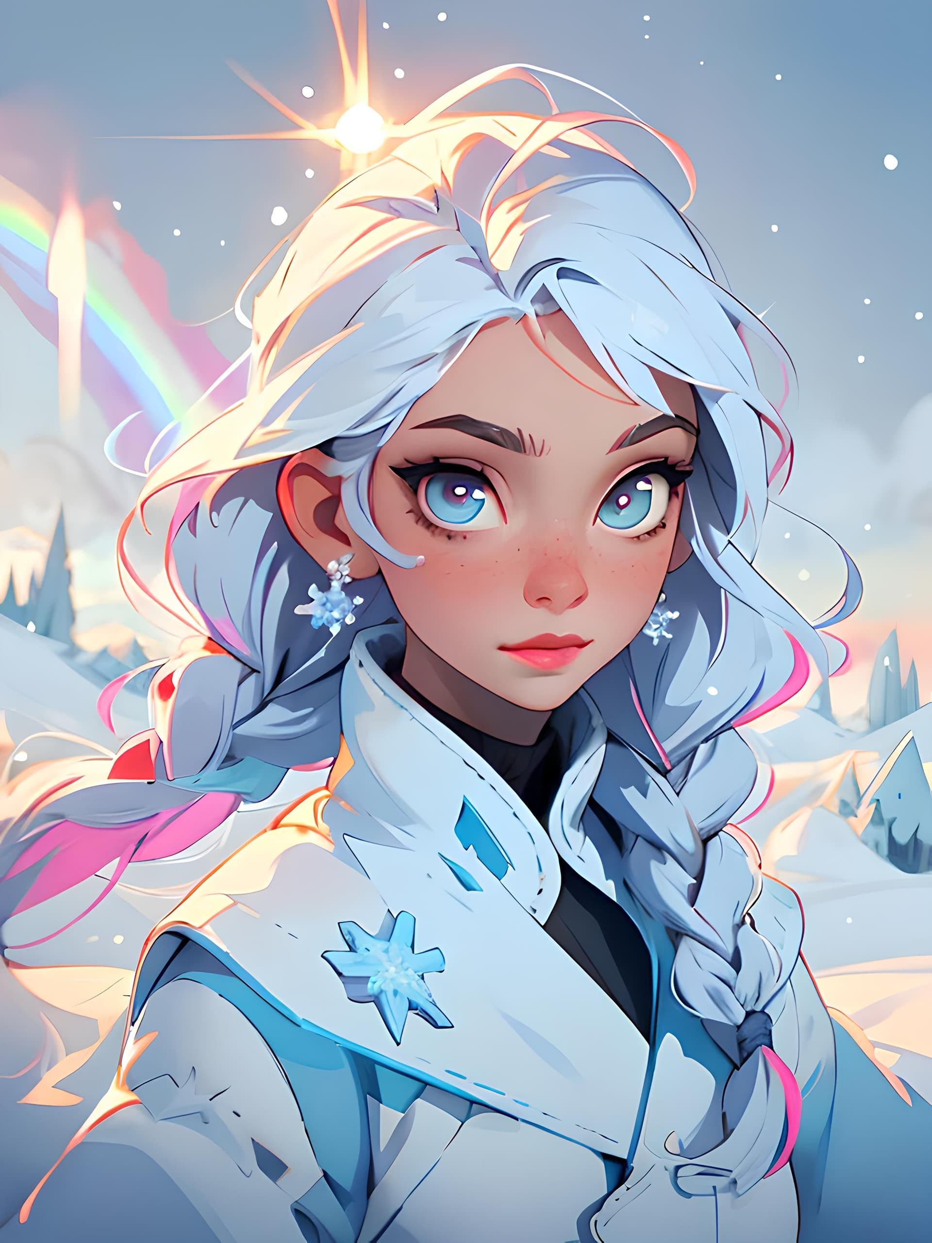AI generated: a woman that is standing in the snow, a character portrait, inspired by rossdraws, just one rainbow ...