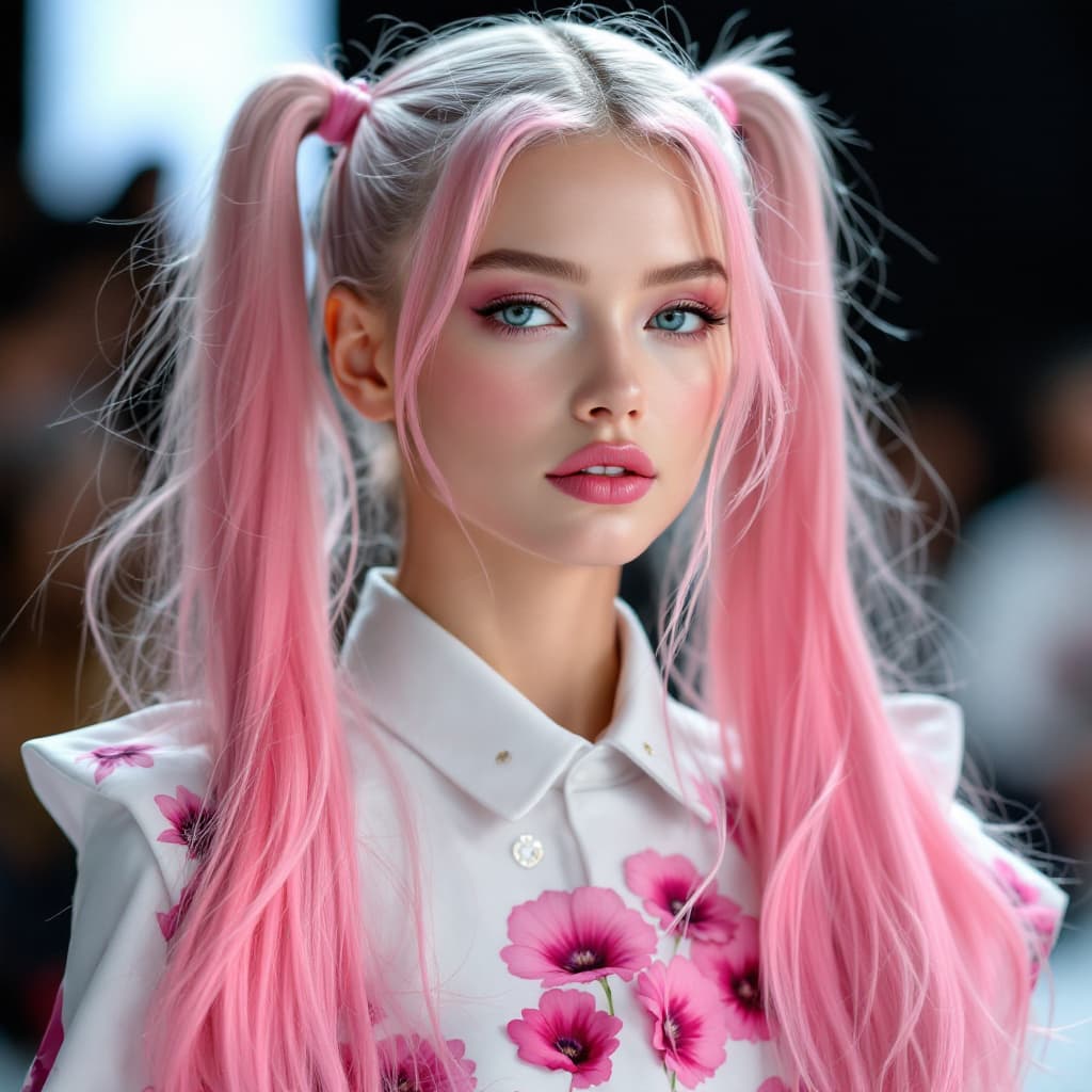AI generated: Vogue Runway Model with long Pigtails in the style of candycore hair, pale skin and light pink lips ...