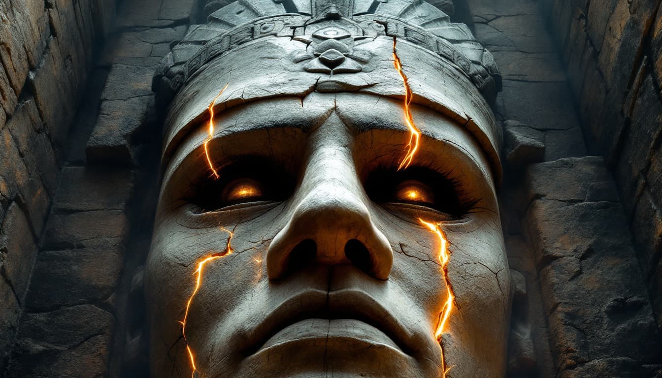 AI generated: Warrior’s Gaze Through a Cracked Stone Mask
The camera looks up through the broken eye of a giant an...
