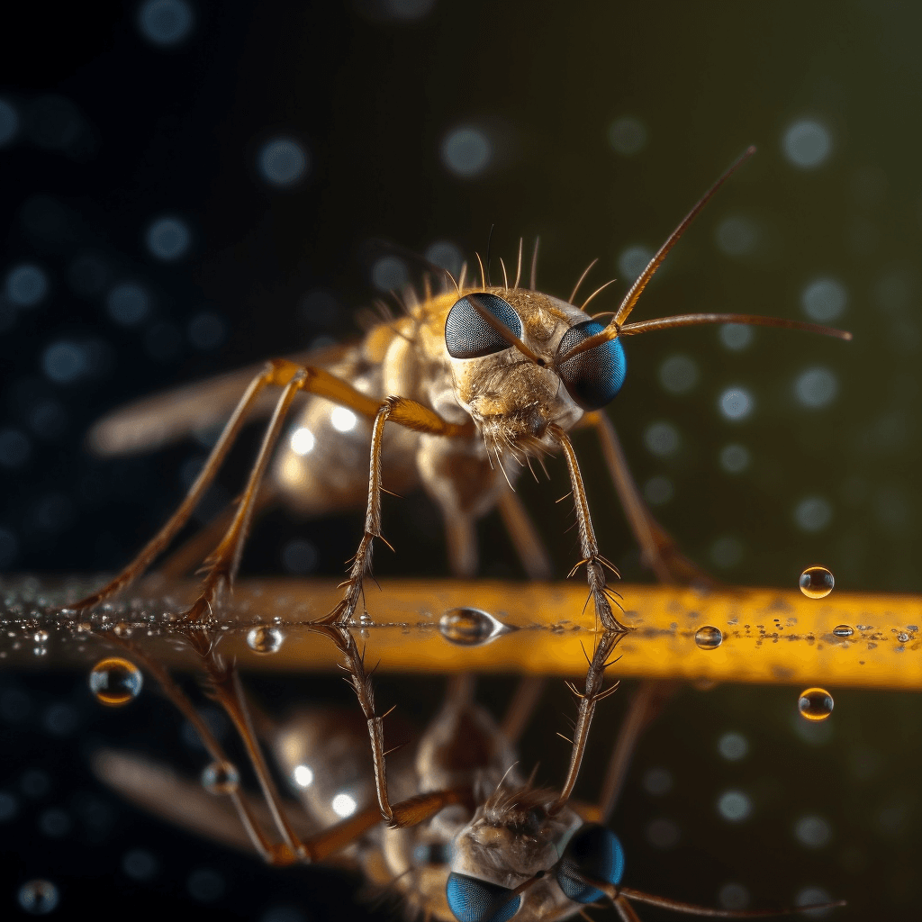 AI generated: award winning portrait of a mosquito face reflection in drop of water ,close up ,macro shot , micros...