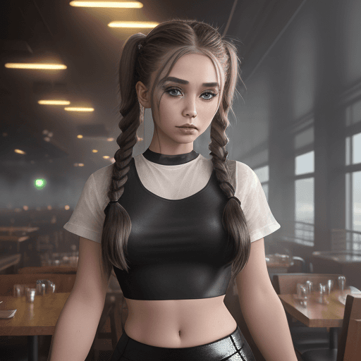 AI generated: Hyperrealistic art, young girl hair styled as Braided pigtails, Moist Fantasy Makeup, wearing black ...