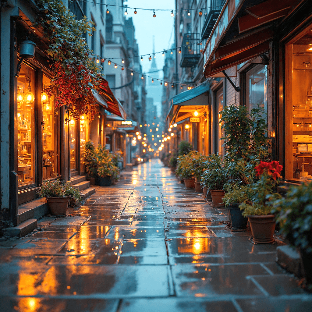 AI generated: A photorealistic image of a street in New York at Sunset at a rainy day. Rain. The stores are also b...