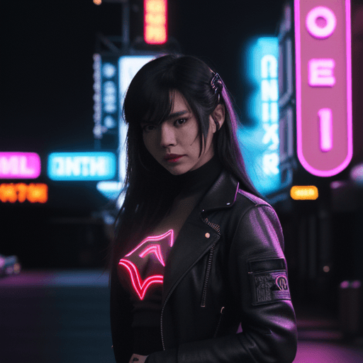 AI generated: a woman standing in front of a neon sign, in the style of hyper-realistic sci-fi, steelpunk, candid ...