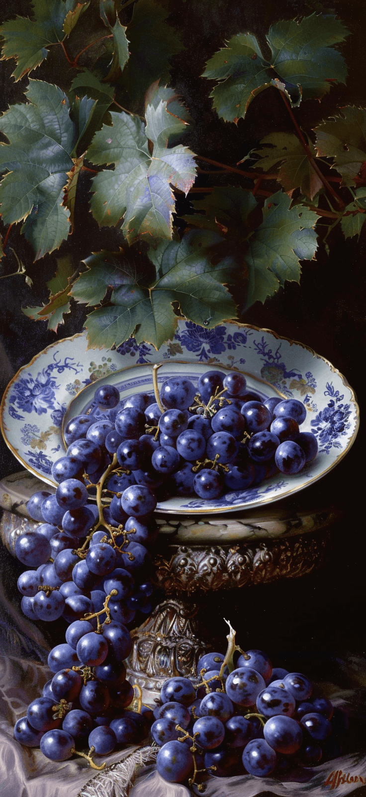 AI generated: ripe red grapes and blue plate in a blue vase android case, in the style of realist detail, albert b...