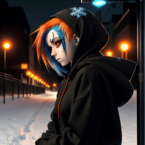 AI generated: side view beautiful emo girl in black hoodie hood down with orange highlights in hair. red eyes look...