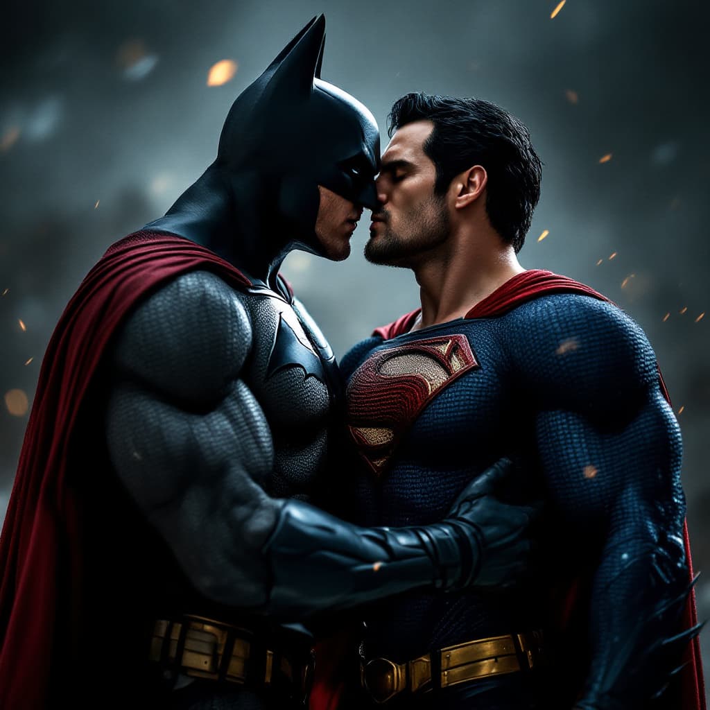 AI generated: photography, medium shot of a batman and superman kissing passionately, hugging with one hand on the...