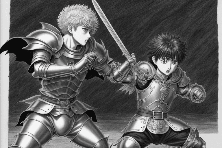 AI generated: monochrome, a little boy, brown hair with tuft, in golden armor, manga, ((without helmet)), in a fig...