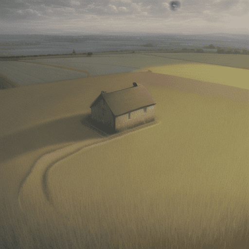 AI generated: a realistic digital oil painting of a house in the middle of a wheat field with a fence and trees su...