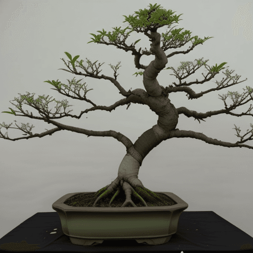 AI generated: bonsai of abundant ojas of pink color branches style zause lloron, thin trunk, white, many thin bran...