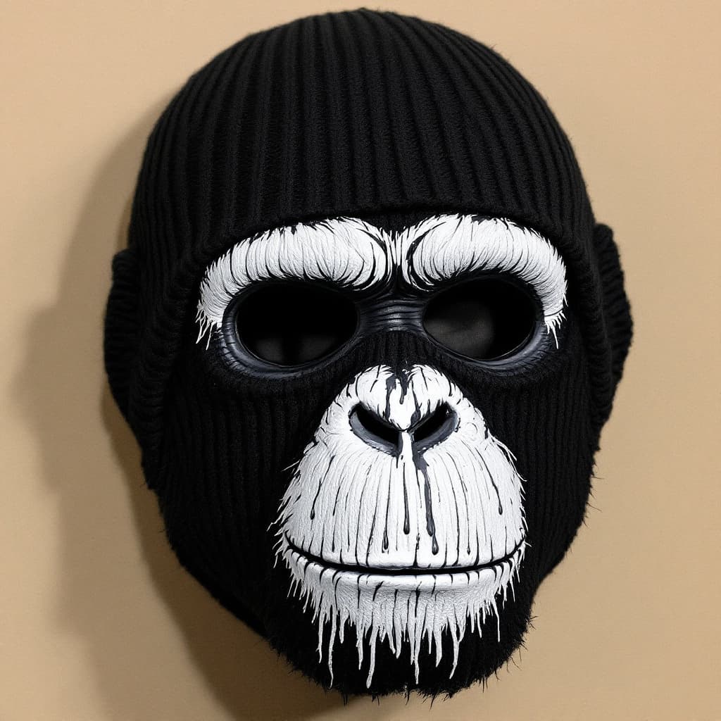 AI generated: a black ribbed knit skimask, two holes for the eyes, one hole for the mouth, painted chimpface on it...