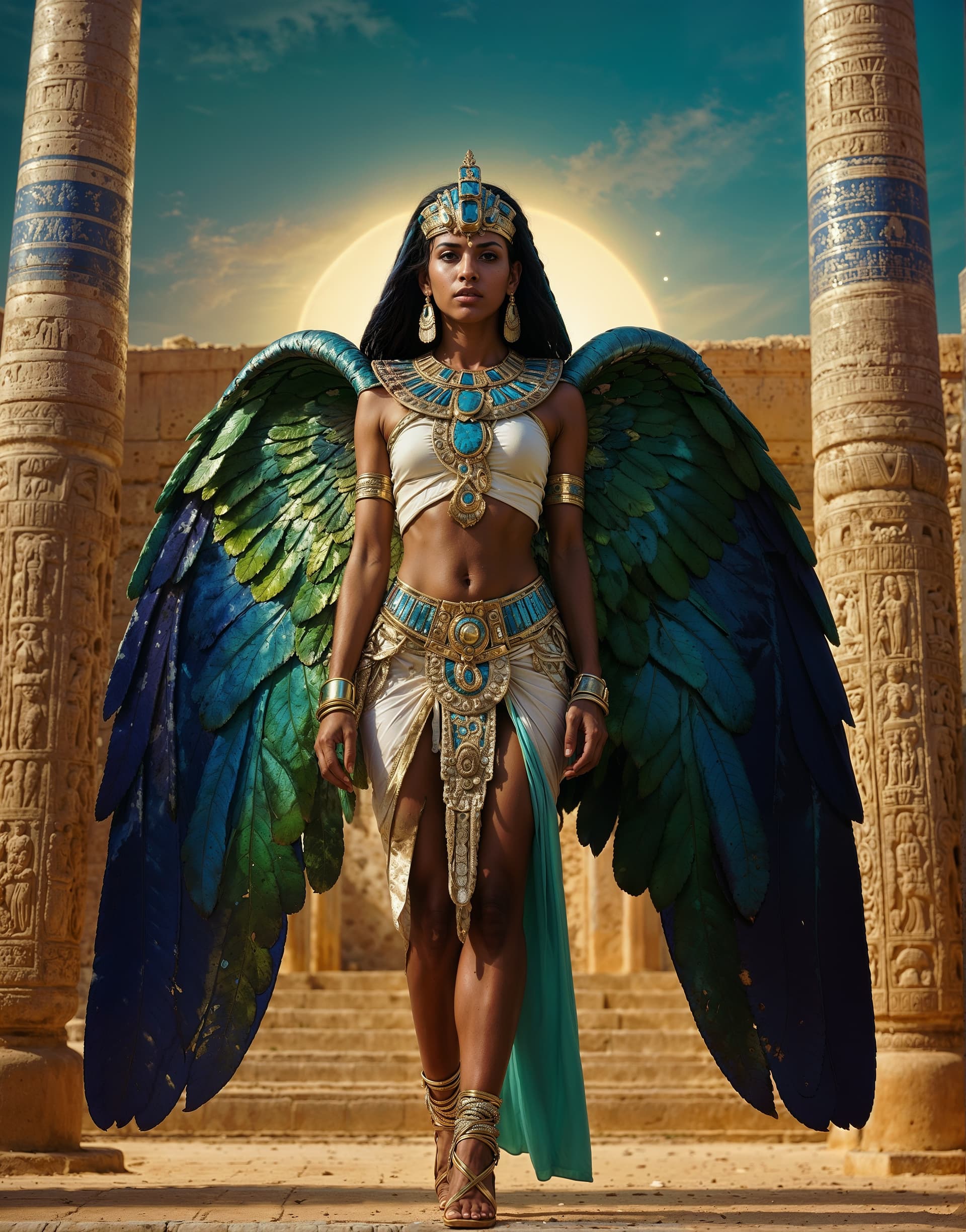 AI generated: A mythical Egyptian with spreading arms with glowing glittery intricate sparkly green (leaf) wings, ...