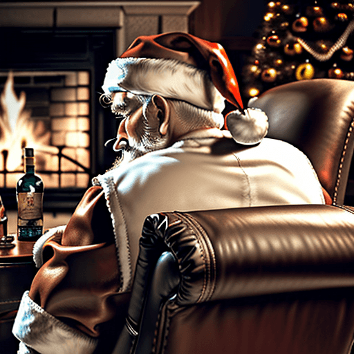 AI generated: ultra detailed cinematic photograph close up santas sleeve, hand gripping a bottle of bourbon stting...