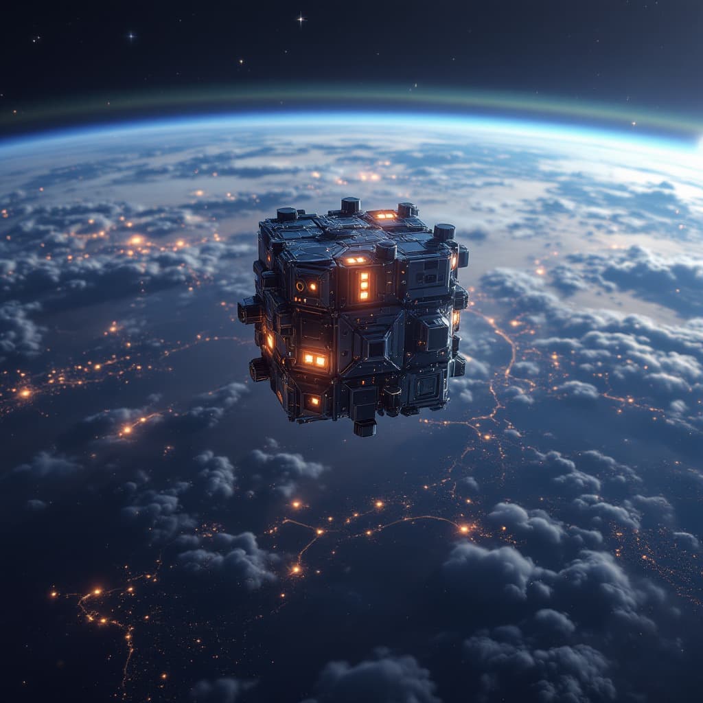 AI generated: Hyper realistic Shows a cube-shaped satellite in orbit 