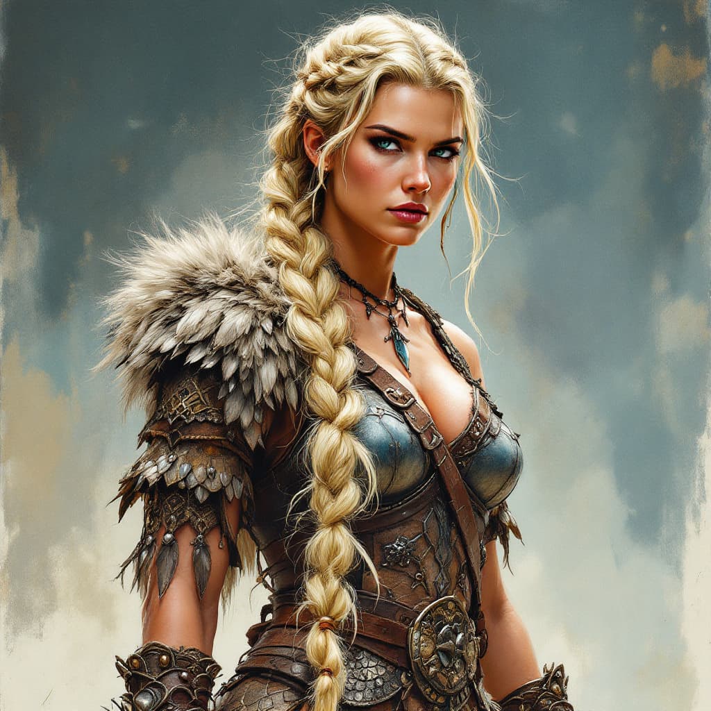 AI generated: Color drawing of a Viking warrior woman in the style of Frank Frazetta, standing in a fighting attit...