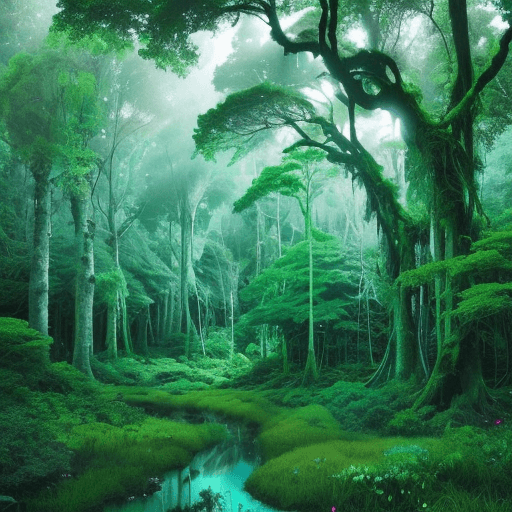 AI generated: Expansive landscape where diverse biomes blend. Majestic forests with towering ancient trees and eme...