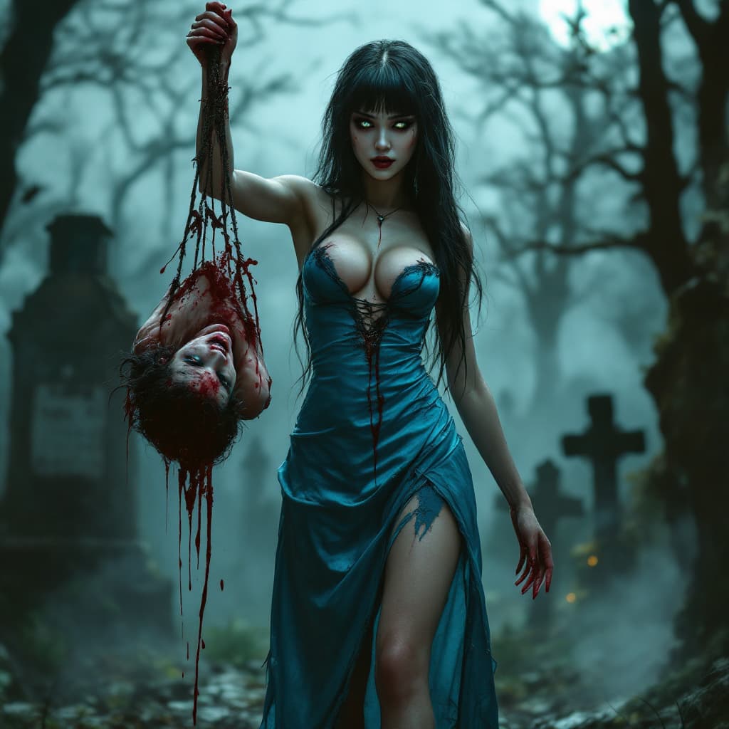 AI generated: A full body HD photo of a tall female vampire standing with body slightly turned to the left in cent...