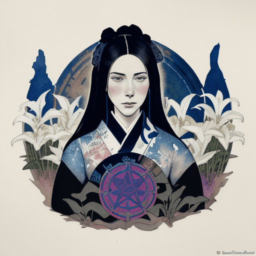 AI generated: Alexandra of the white lilies, sticker design::lost and found in an occult convention :: blue house,...