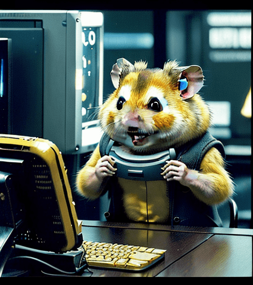 AI generated: an extremely distressed and distraught golden hamster who is crying at a computer terminal and is ve...