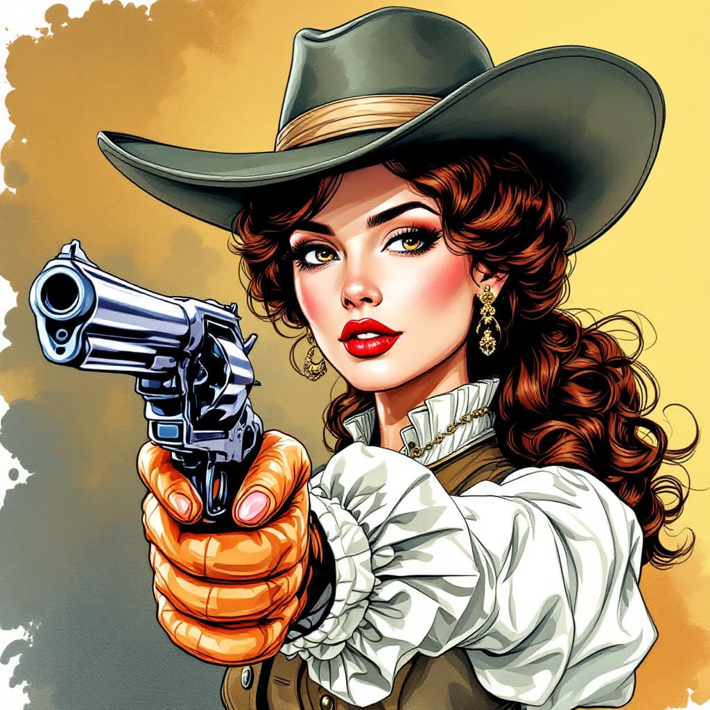 AI generated: This image shows a stylized woman in a wide-brimmed hat and vintage clothing, exuding confidence and...