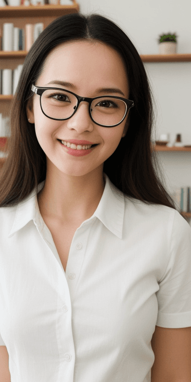 AI generated: The image shows a person wearing a white shirt, smiling. They are indoors with a bookcase and shelve...
