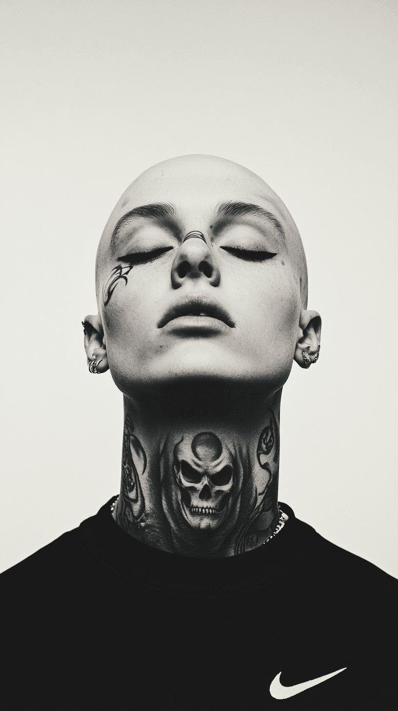 AI generated: Symetrical ultra Closeup of a dope faced tattoed model, dark mirror glazed Nike sport outfit, Minima...