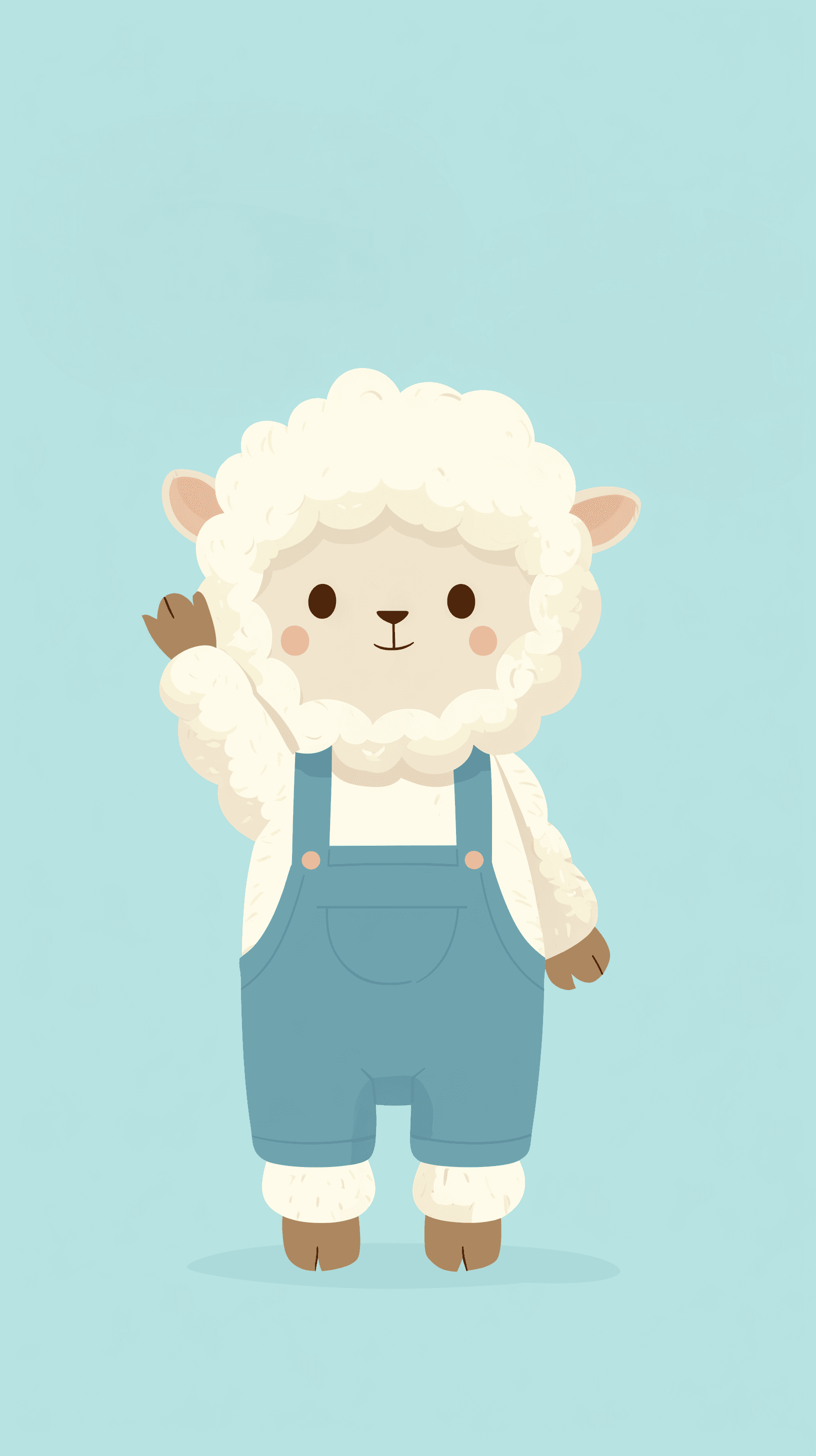 AI generated: vector, animal character, sheep, white wool, blue overalls, raise hand to say hello pose, simplify, ...