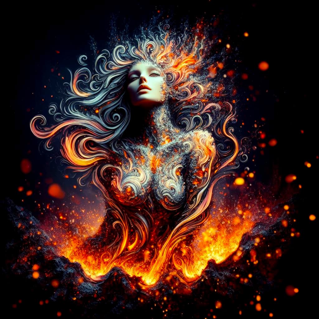 AI generated: she is a gorgeous woman-like being created out of fire and ashes ((she is coming out of molten lava)...