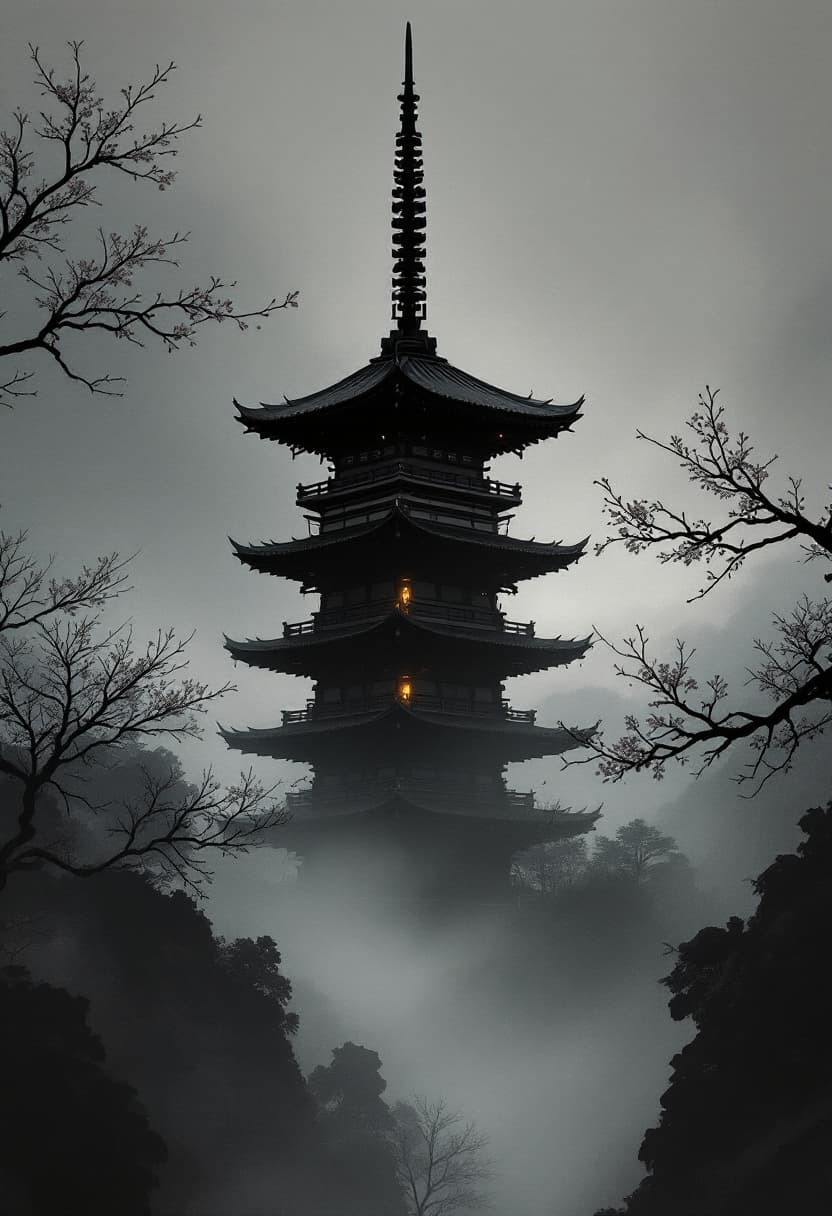 AI generated: Cinematic, moody Japanese pagoda artwork in a dark ink-wash style. The scene features deep shadows, ...
