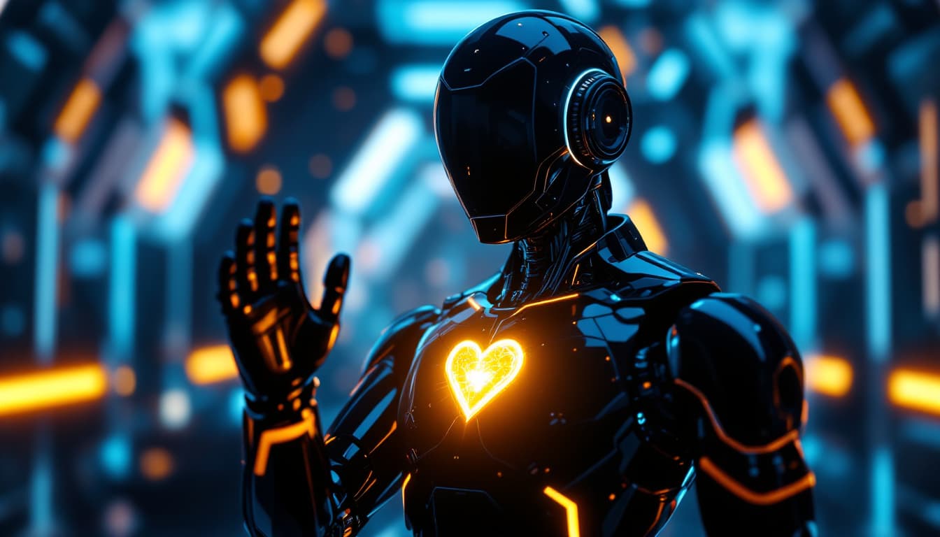 AI generated: A futuristic humanoid robot stands in a sleek, neon-lit environment, its glossy black surface glimme...