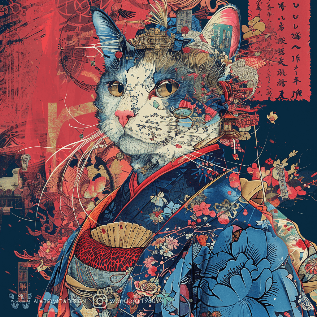 AI generated: in the style of (((glitch art))), a beautiful illustration of a cat dressed as anime geisha, with bo...