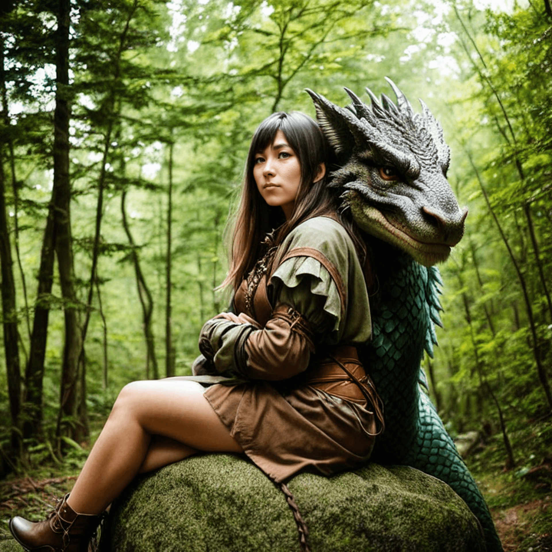 AI generated: a woman sitting on a rock next to a dragon in the woods with her head turned to the side, Clint Cear...