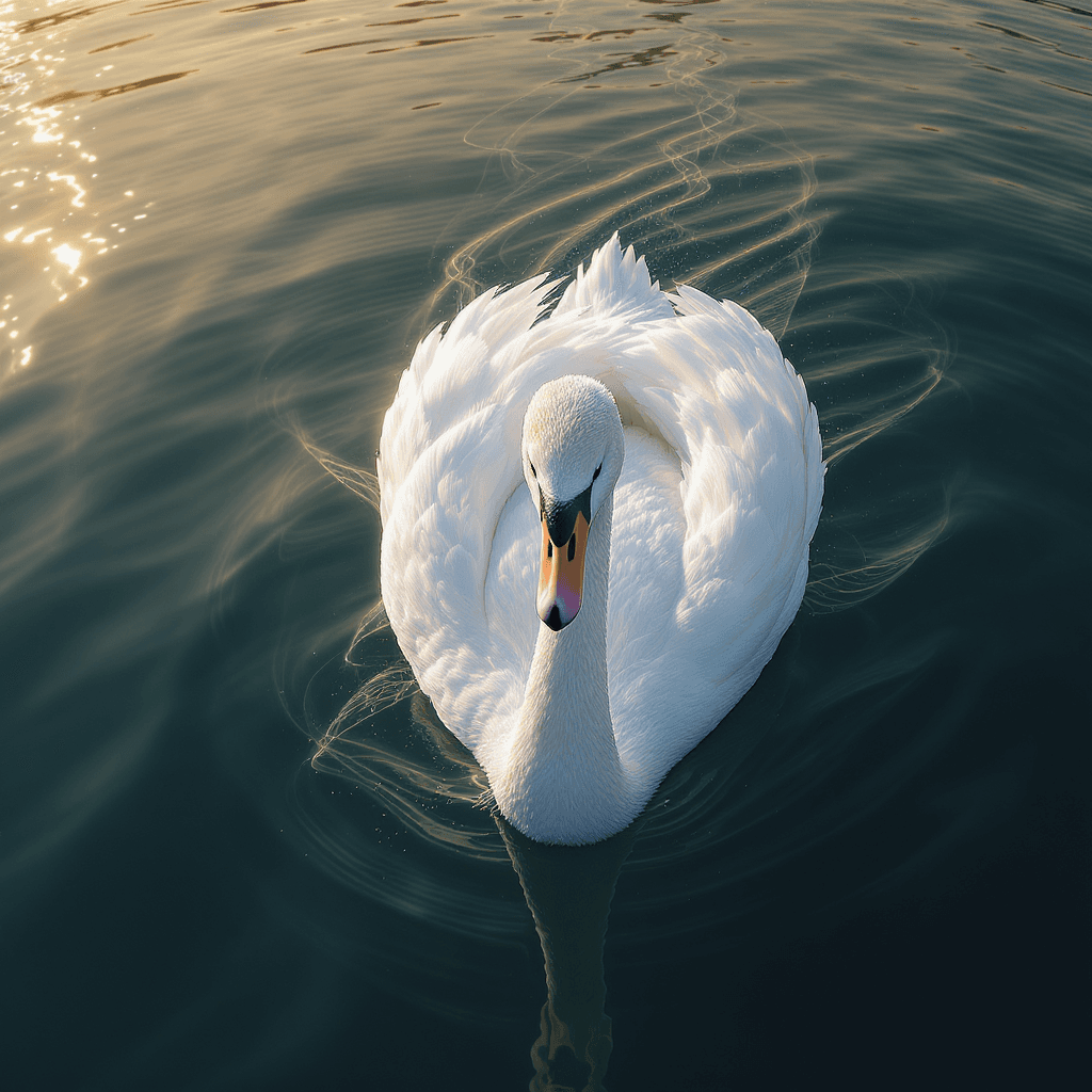 AI generated: Photorealistic extreme wide-angle lens, breathtaking overhead shot of a (White Swan gliding on still...
