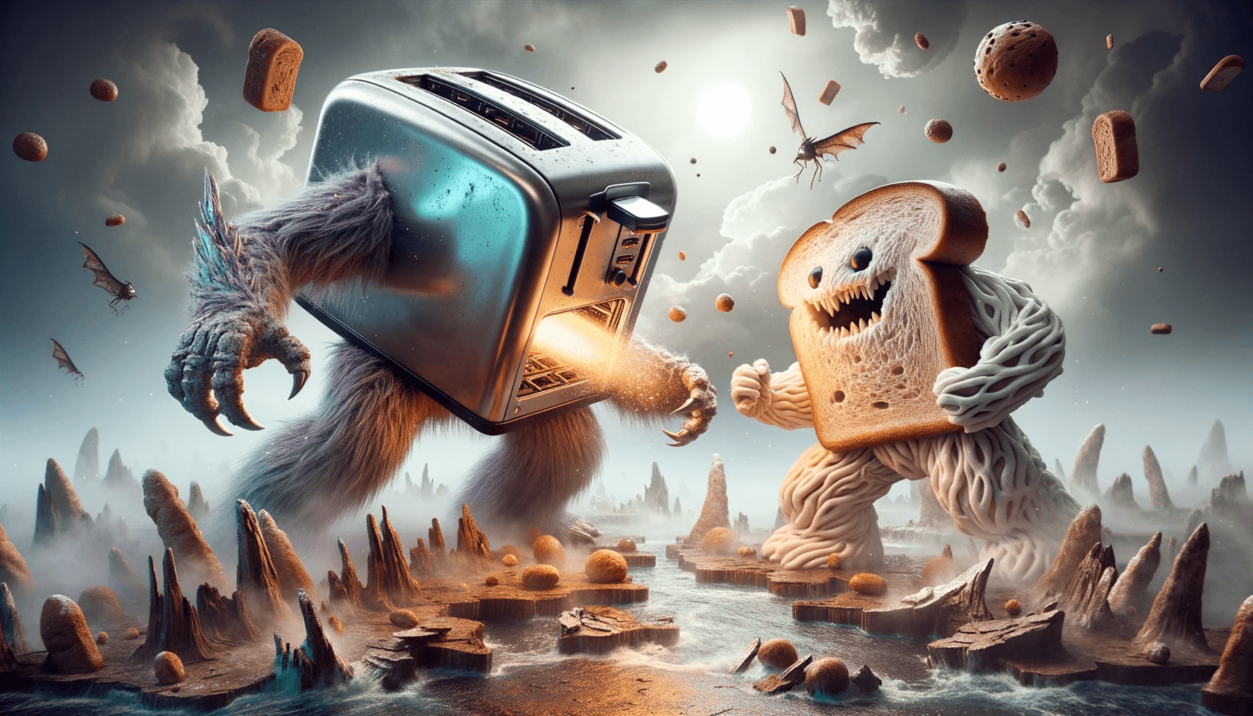 AI generated: Fantasy-based realistic scene where the toaster monster and the bread monster engage in a fierce due...