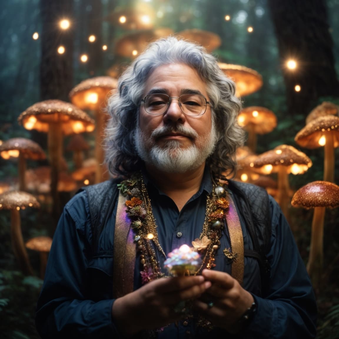 AI generated: Guardian of the shrooms , Jerry Garcia with iridescent jerry bears, holding DMT, lsd-like pauldrons,...