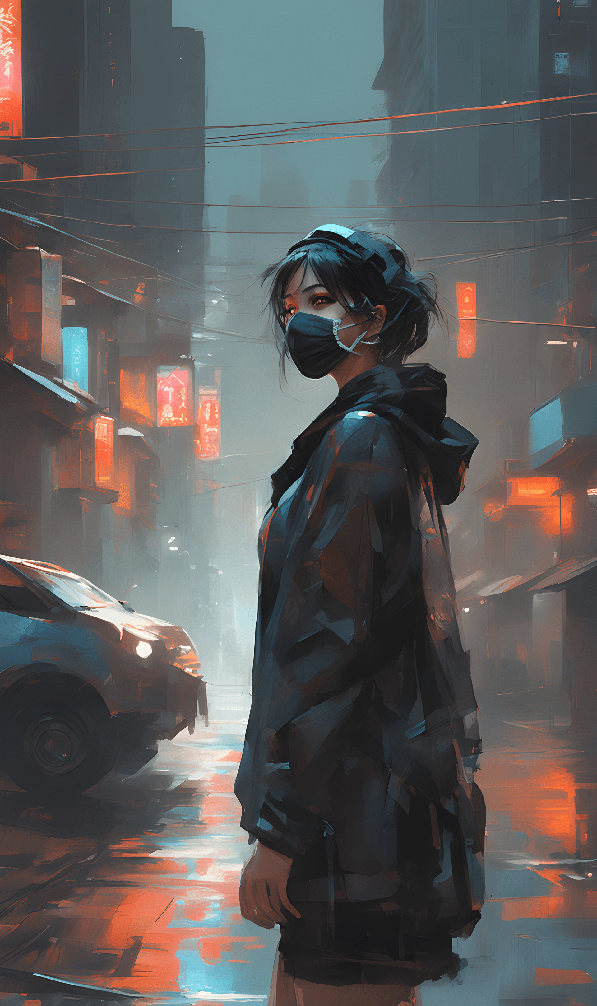 AI generated: Fashionable beautiful cool girl in cyberpunk style. Injured head bandaged with gauze. Eerie atmosphe...