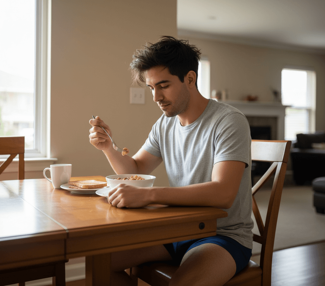 AI generated: Morning day light. Hispanic male, brown skin 5'0" tall, He has messy hair, he is eating breakfast, s...