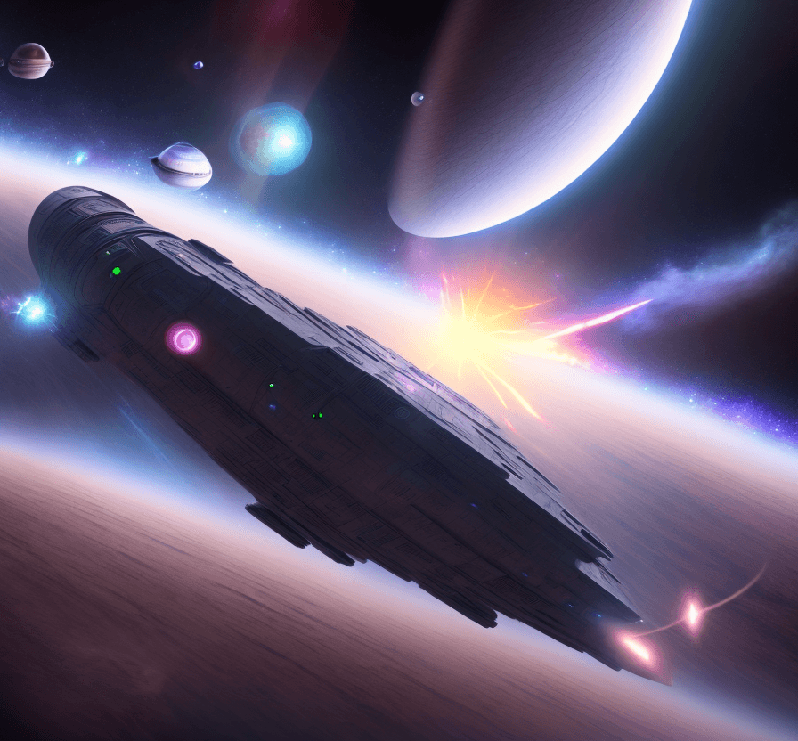AI generated: a very sophisticated long spaceship is cruising thru deep space toward a desert icy planet.. big eng...
