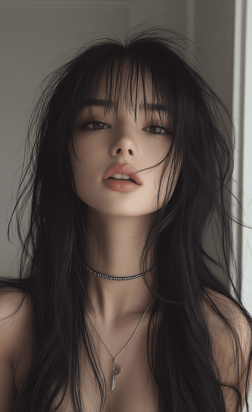 AI generated: A photo of an Asian girl with long black hair, bangs, and twin tails, wearing a choker necklace, in ...