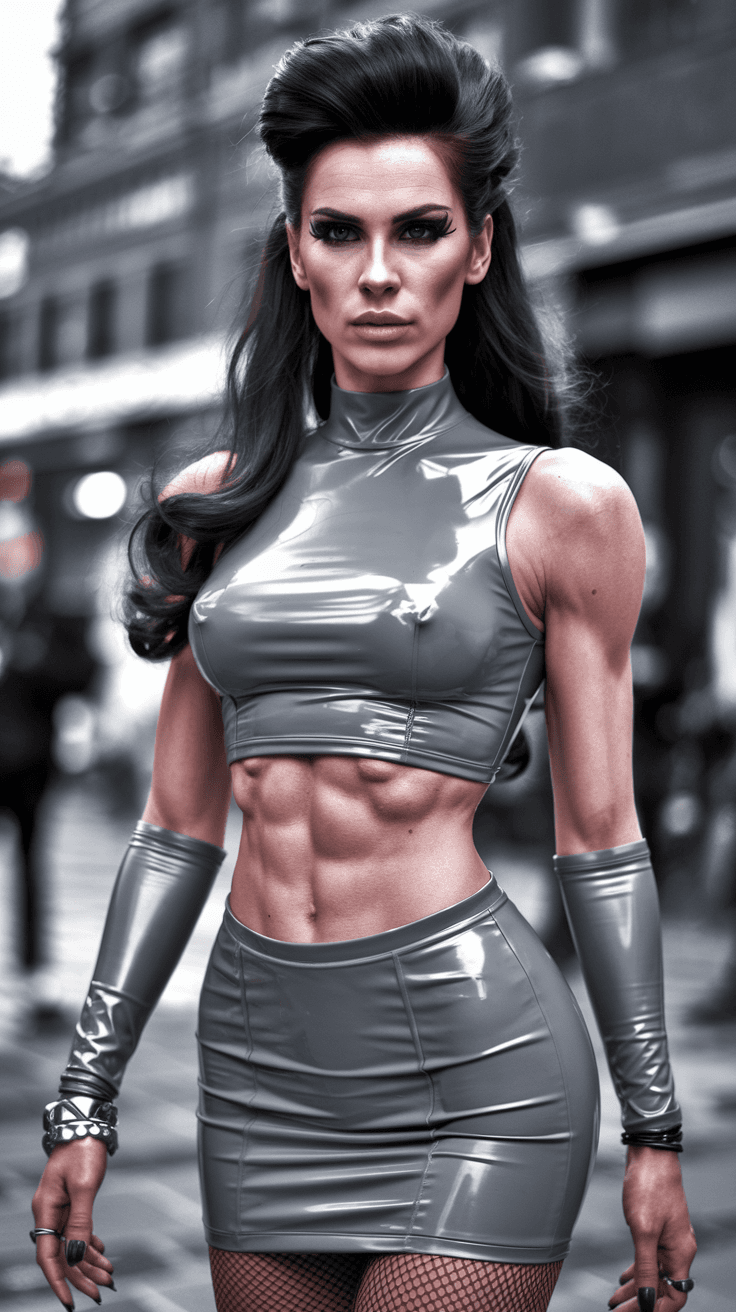AI generated: SFW, Blowout Long Dark Hair, Skinny body, abs, detailled face, white latex, form-fitting, mini skirt...