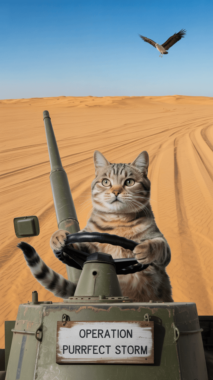 AI generated: A cat driving a missile tank in a desert area, realistic, perfectly detailed, lethal 