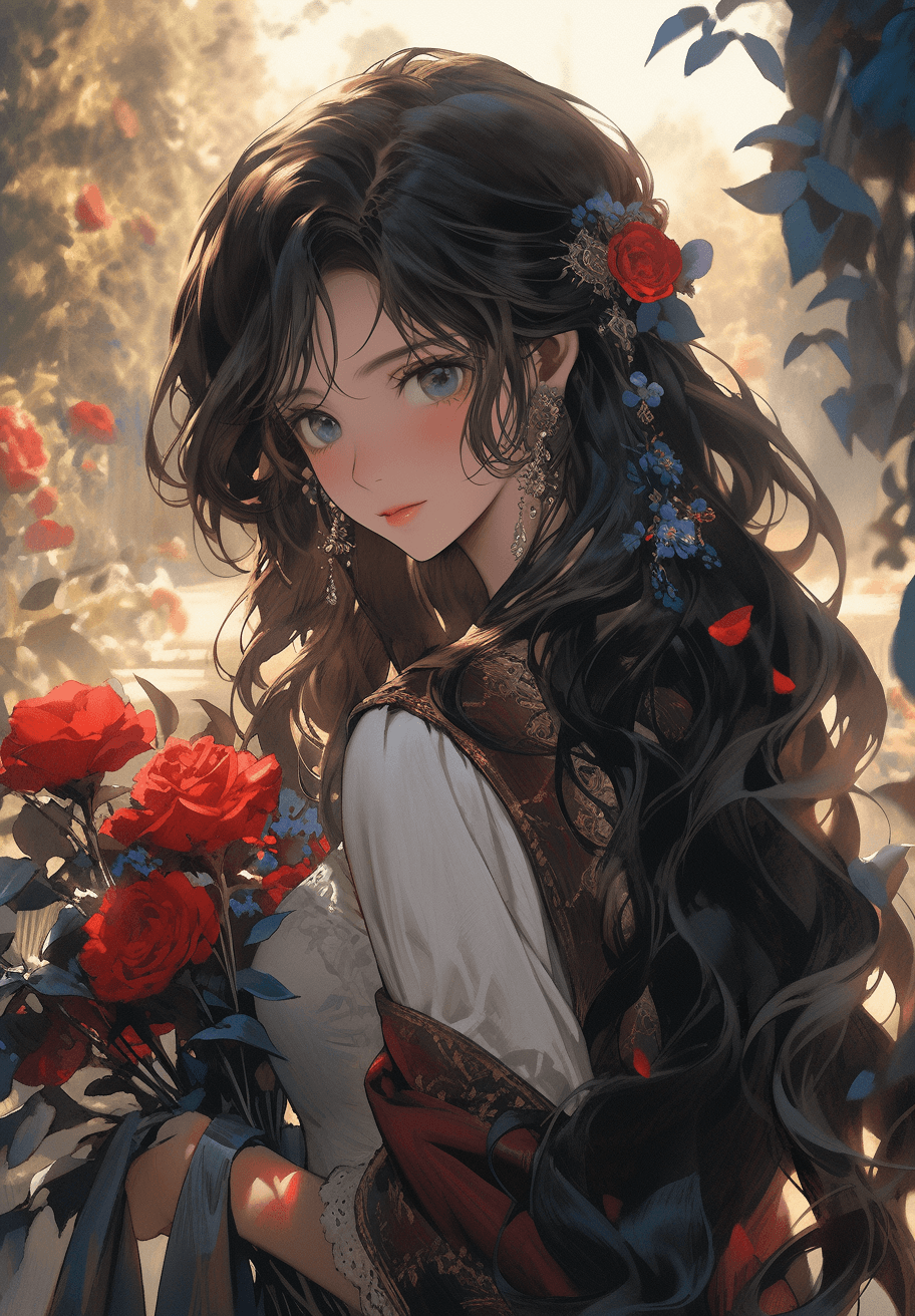 AI generated: a picture with a young woman next to flowers, in the style of realistic fantasy artwork, realistic h...