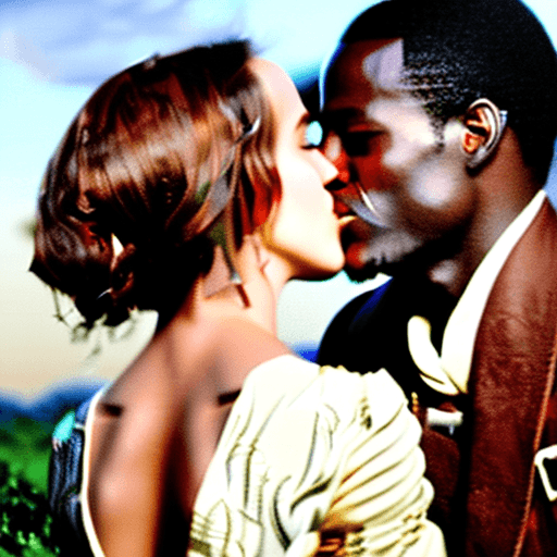AI generated: A white Emma Watson as a member of an African tribe kiss dark man 
