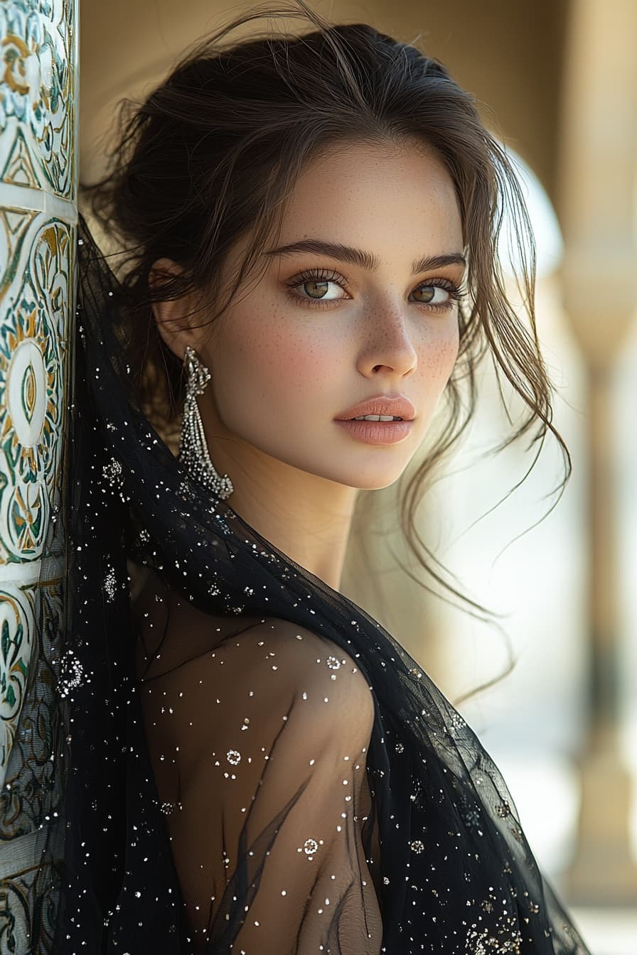 AI generated: Breathtakingly beautiful Middle Eastern woman in flowing black traditional clothing with no gold, ad...
