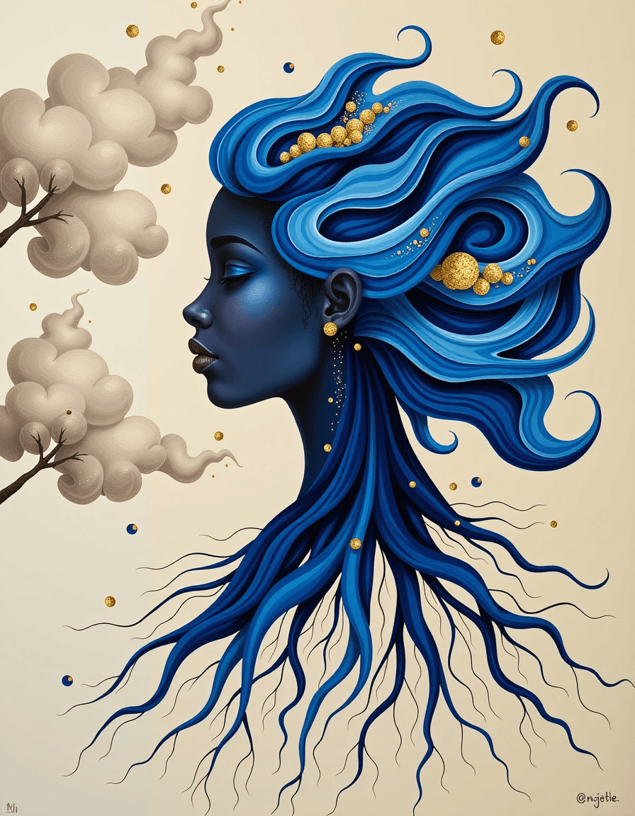 AI generated: This image is an abstract portrait of an African female face formed by flowing blue and gold swirlin...