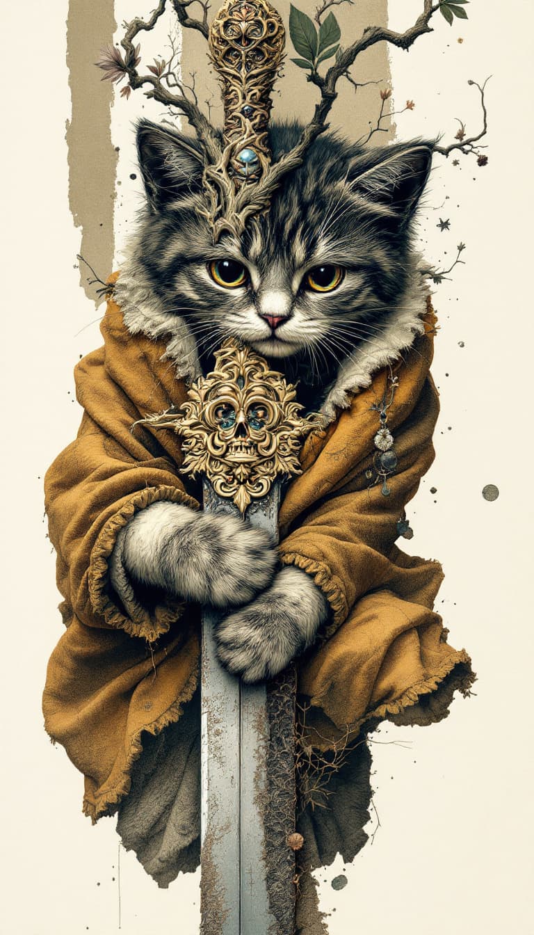 AI generated: The cat and sword are rendered in a surreal, almost collage-like manner. Textures are emphasized, wi...