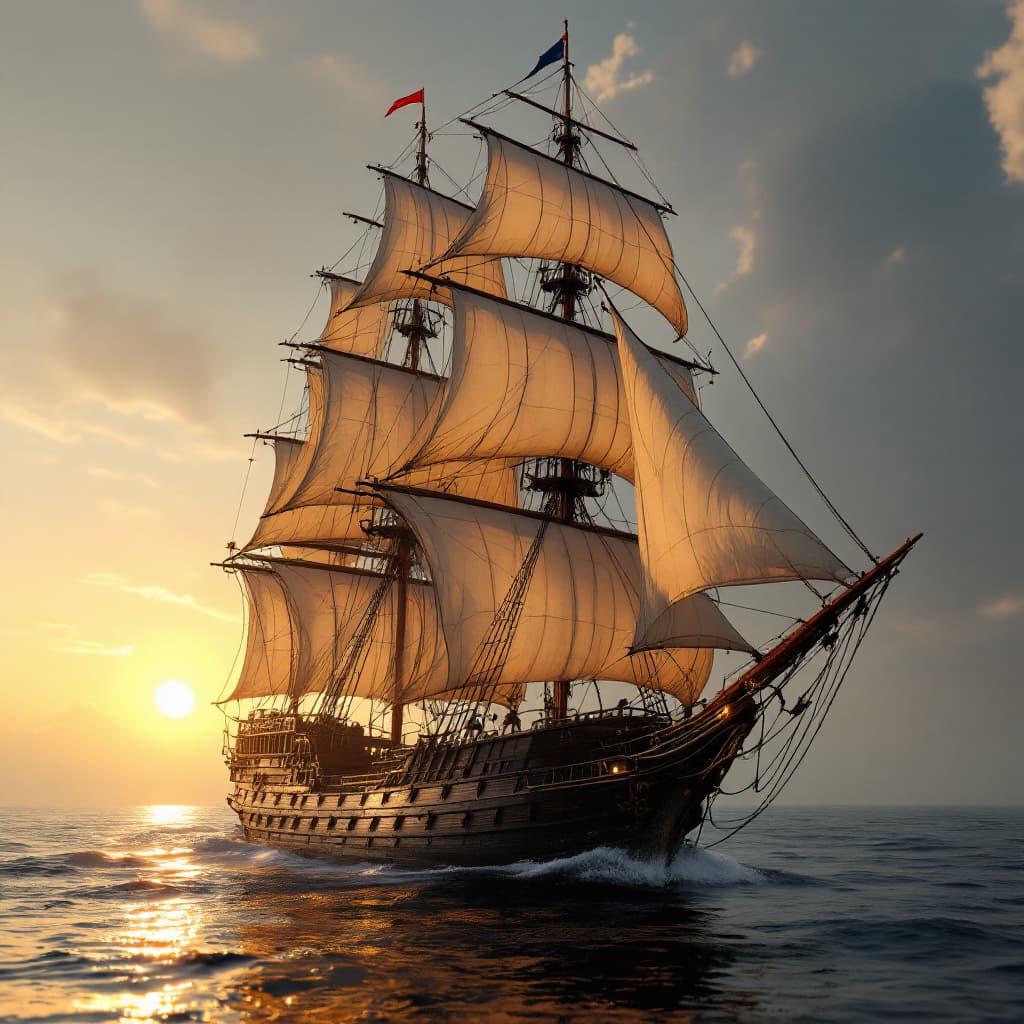 AI generated: Photo of a ultra realistic sailing ship, dramatic light, pale sunrise, cinematic lighting, battered,...