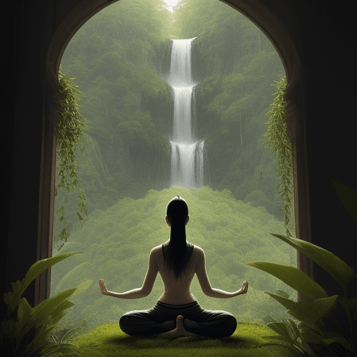 AI generated: Landscape picture of plant reaching upward and a meditating woman