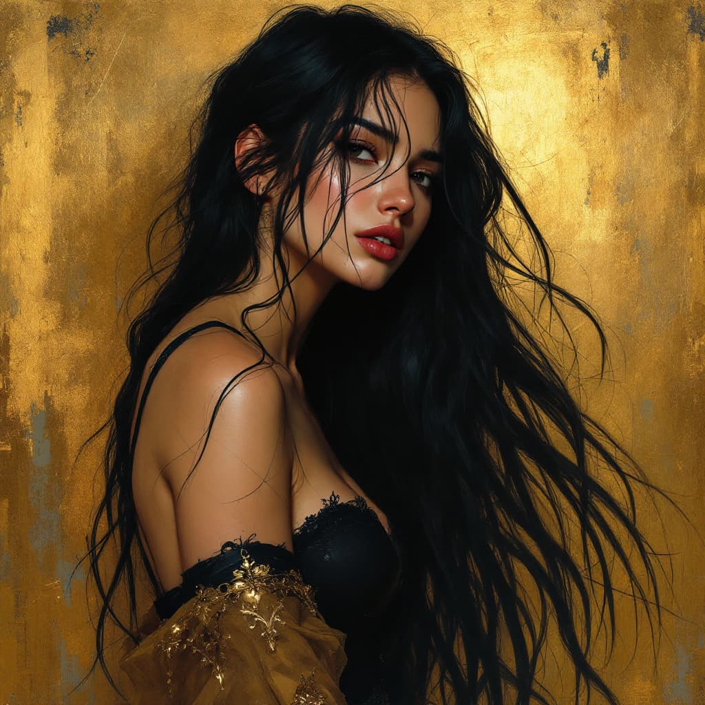 AI generated: a woman with long black hair in a gold painting, in the style of charlie bowater, dark blue and dark...