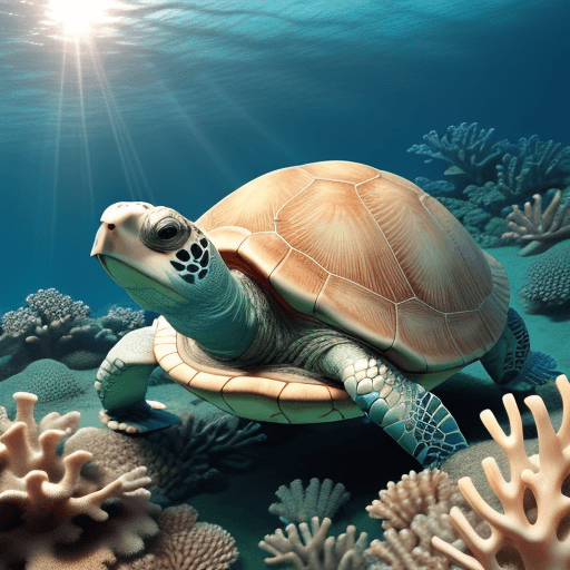 AI generated: a cute turtle in the coral sea with shining sun