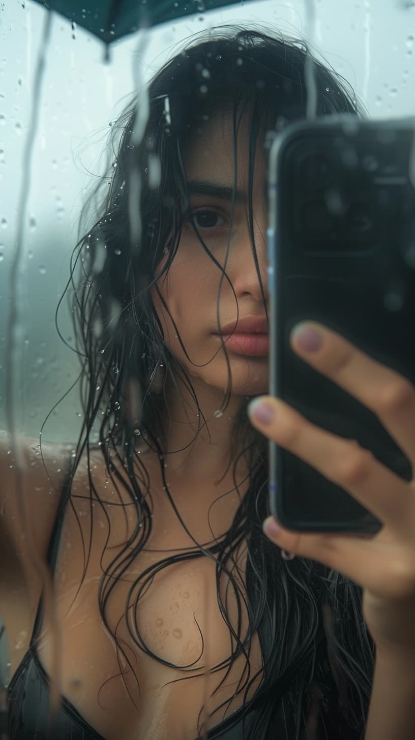 AI generated: 
Phone photo of a woman taking a selfie outside in the rain, uploaded to Reddit